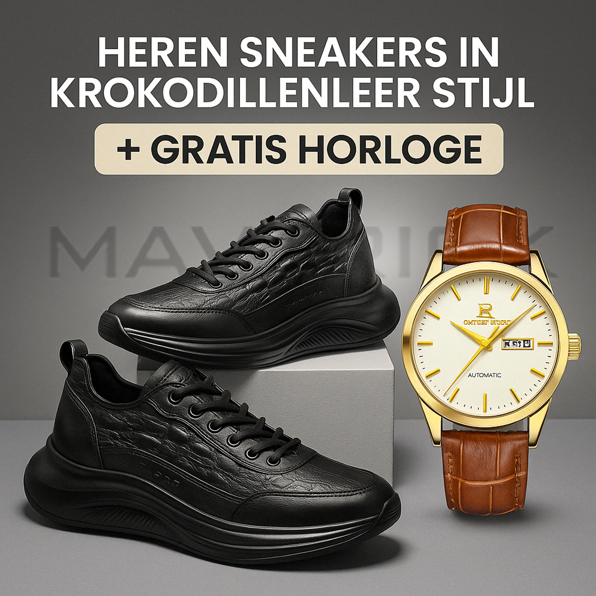 Heren Sneakers in Krokodillenleer Stijl + Gratis Horloge