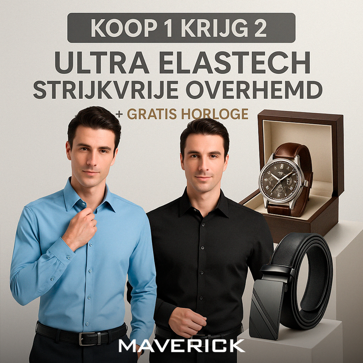 KOOP 1, KRIJG 2 | Ultra Elastech Strijkvrije Overhemd + Gratis Horloge en Riem